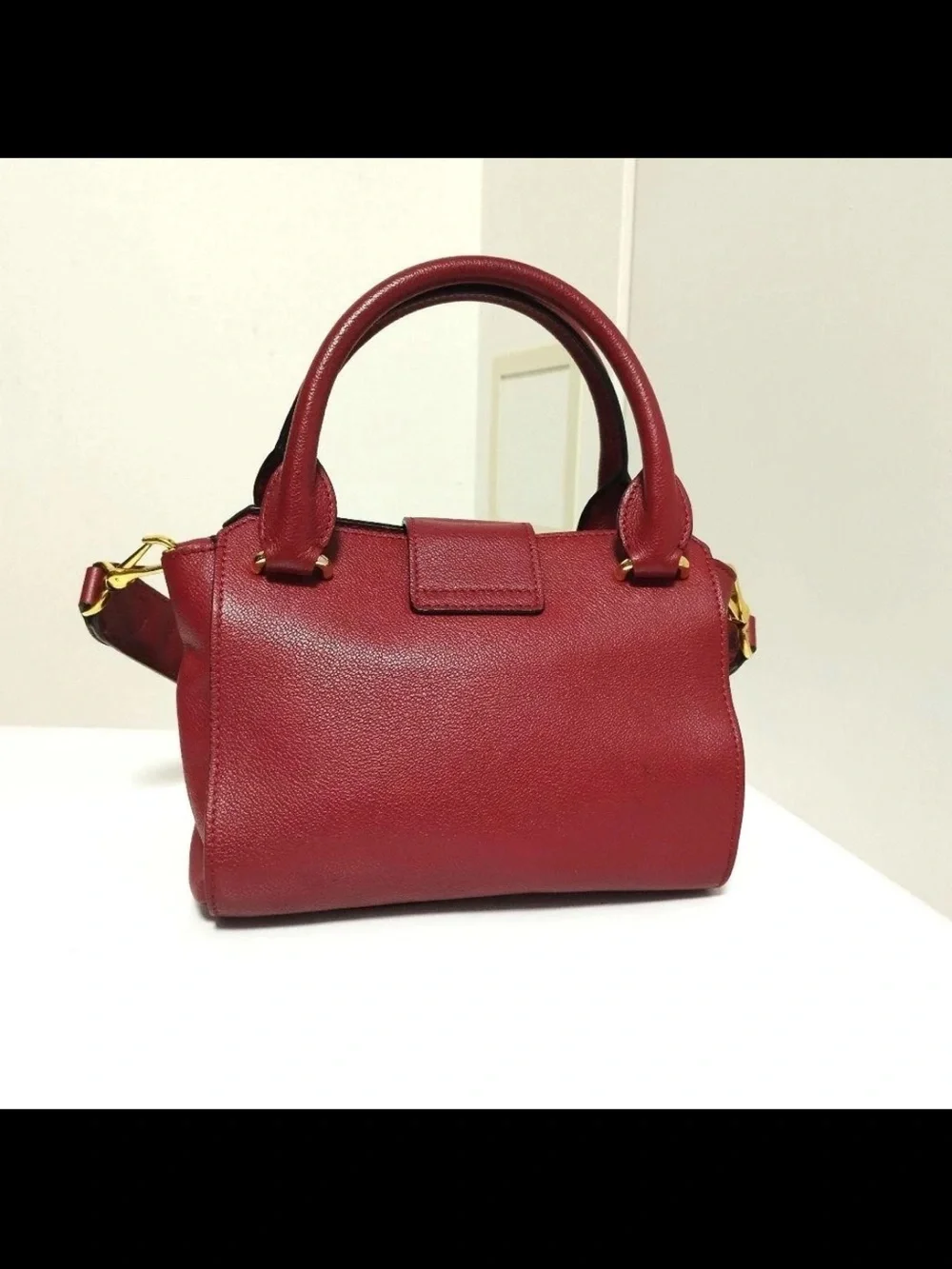 Burberry Burgundy Leather Satchel with Check Shoulder Strap